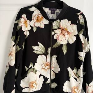 Amaryllis Black Floral Zip Bomber Jacket with Cream & Green Blooms